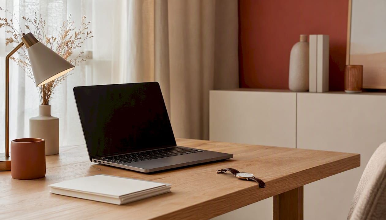 Petit coin bureau épuré avec ordinateur portable et lampe, idéal pour travailler en toute simplicité.